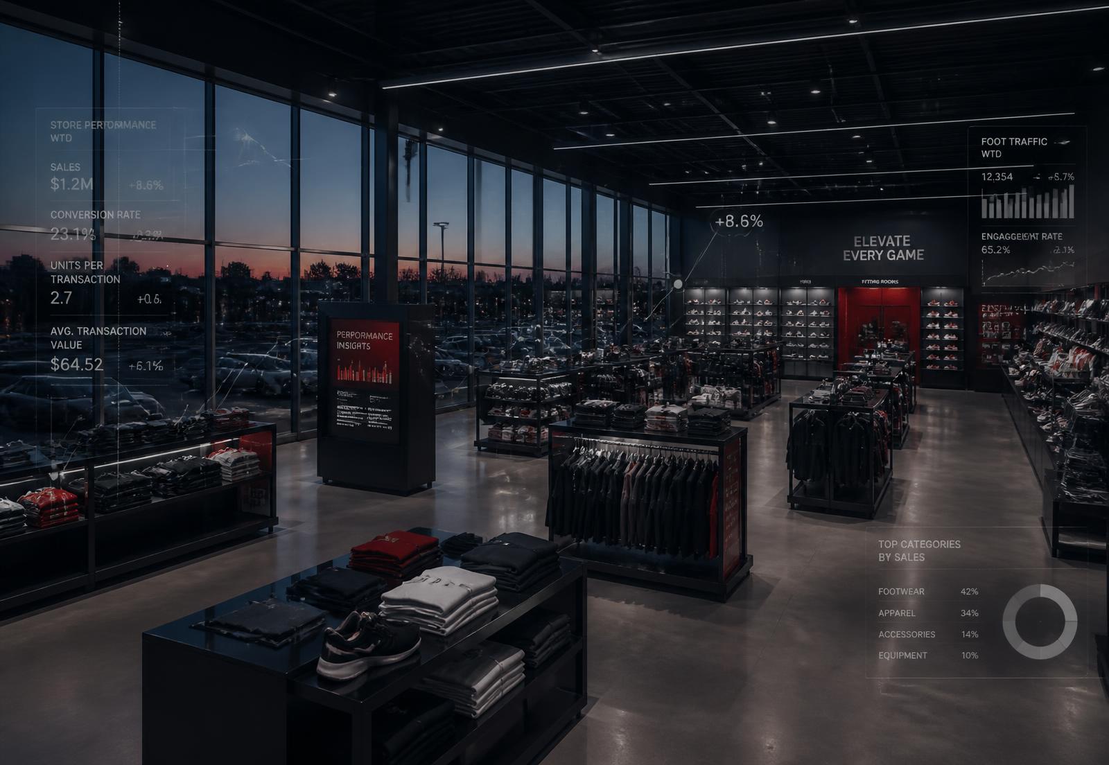 Modern retail sales floor with operational analytics overlays showing store performance data